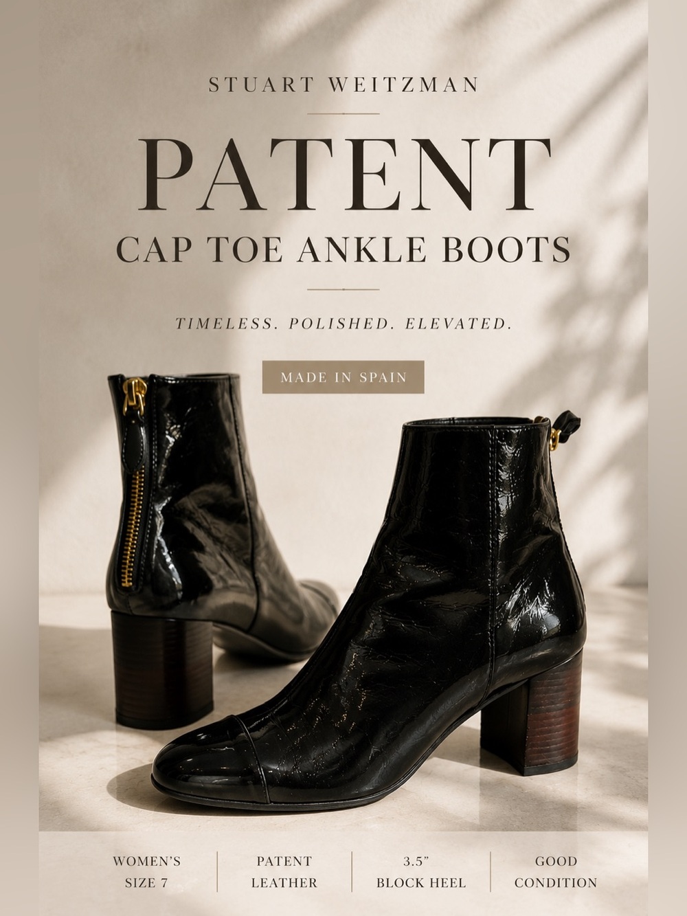Stuart Weitzman Black Patent Leather Cap Toe Ankle Boots Size 7 Made in Spain